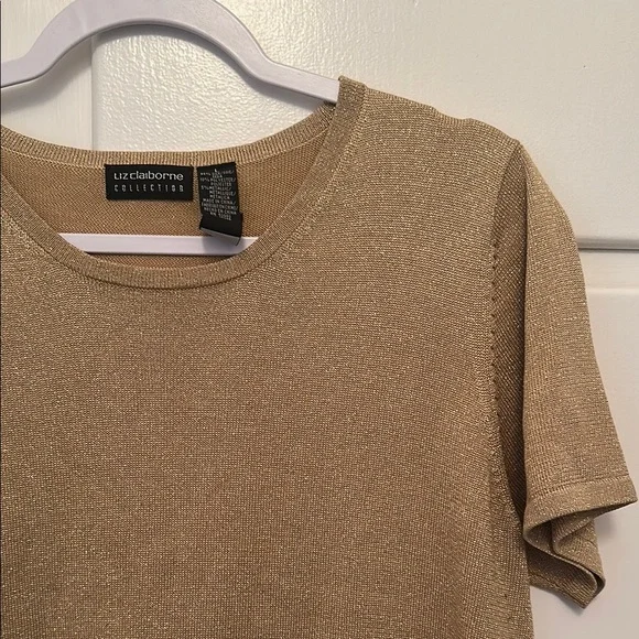 LIKE NEW Gold Shimmer Short Sleeve Sweater Top Silk Blend - Picture 2 of 4